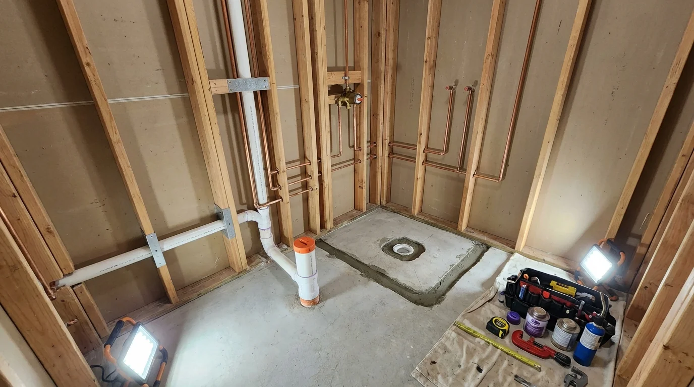 Bathroom rough-in plumbing during remodel by Johns Plumbing LLC in Jewett