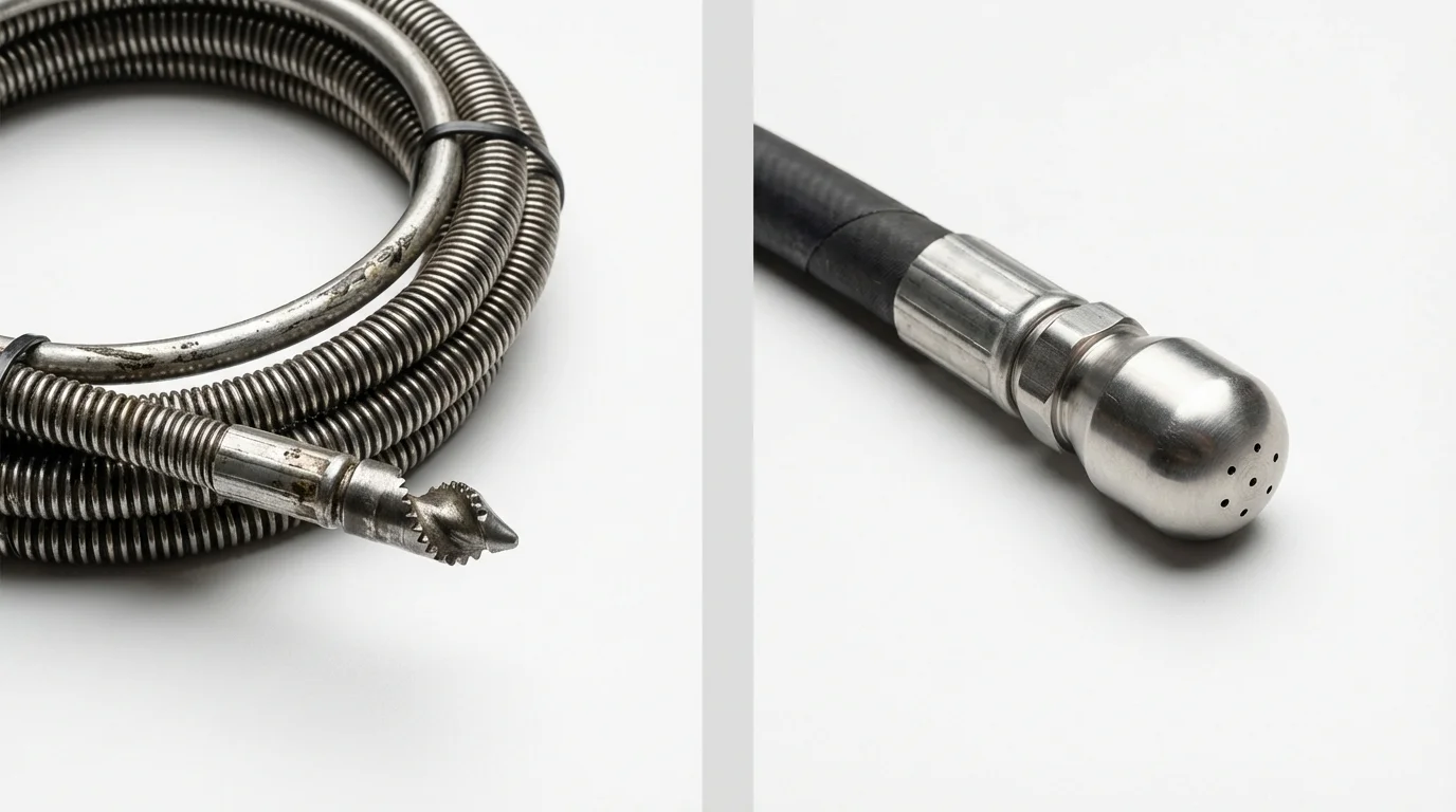 Drain snake cable and hydro jetting nozzle used for drain cleaning in Jewett, TX