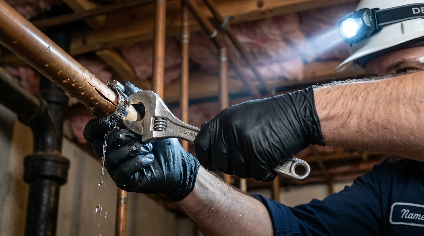 Emergency pipe clamp repair being performed by a Johns Plumbing LLC plumber in Jewett
