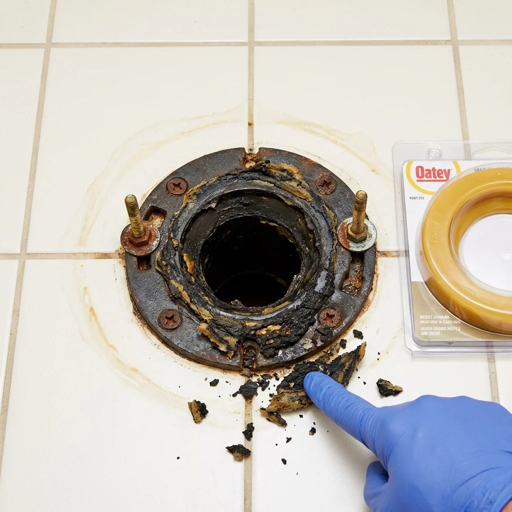 Failed wax ring showing water seepage at the base of a toilet in a Jewett, TX home