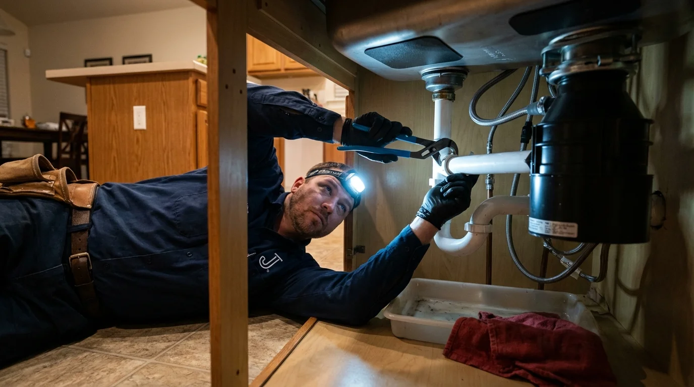 P-trap and supply line connections under a kitchen sink showing a common leak point in Jewett, TX